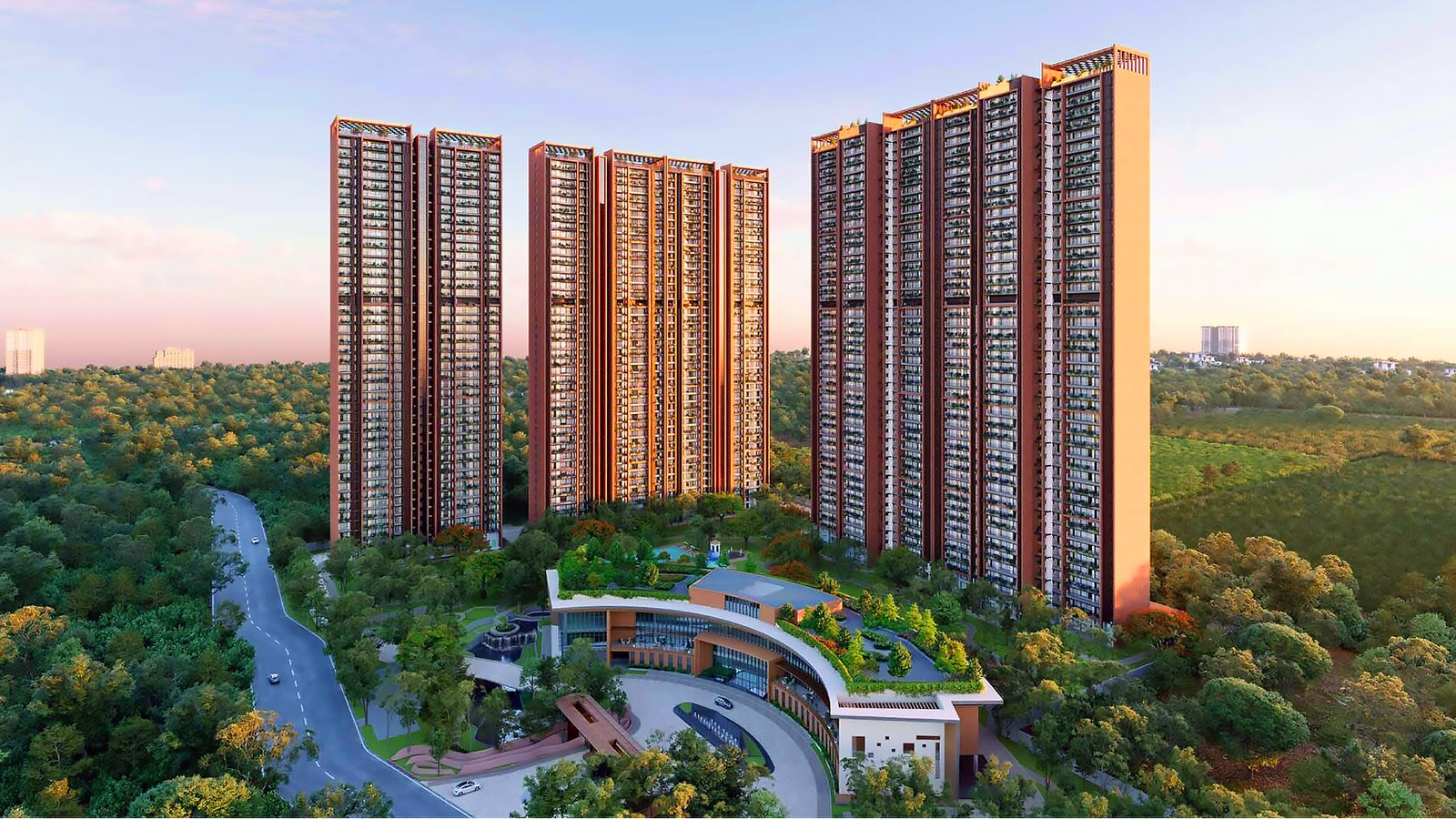 Tall modern buildings with blue sky and green trees in front