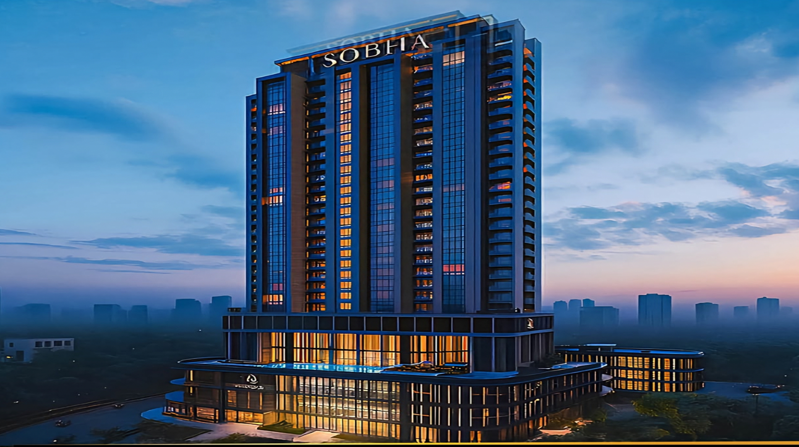Tall modern buildings with blue sky and green trees in front